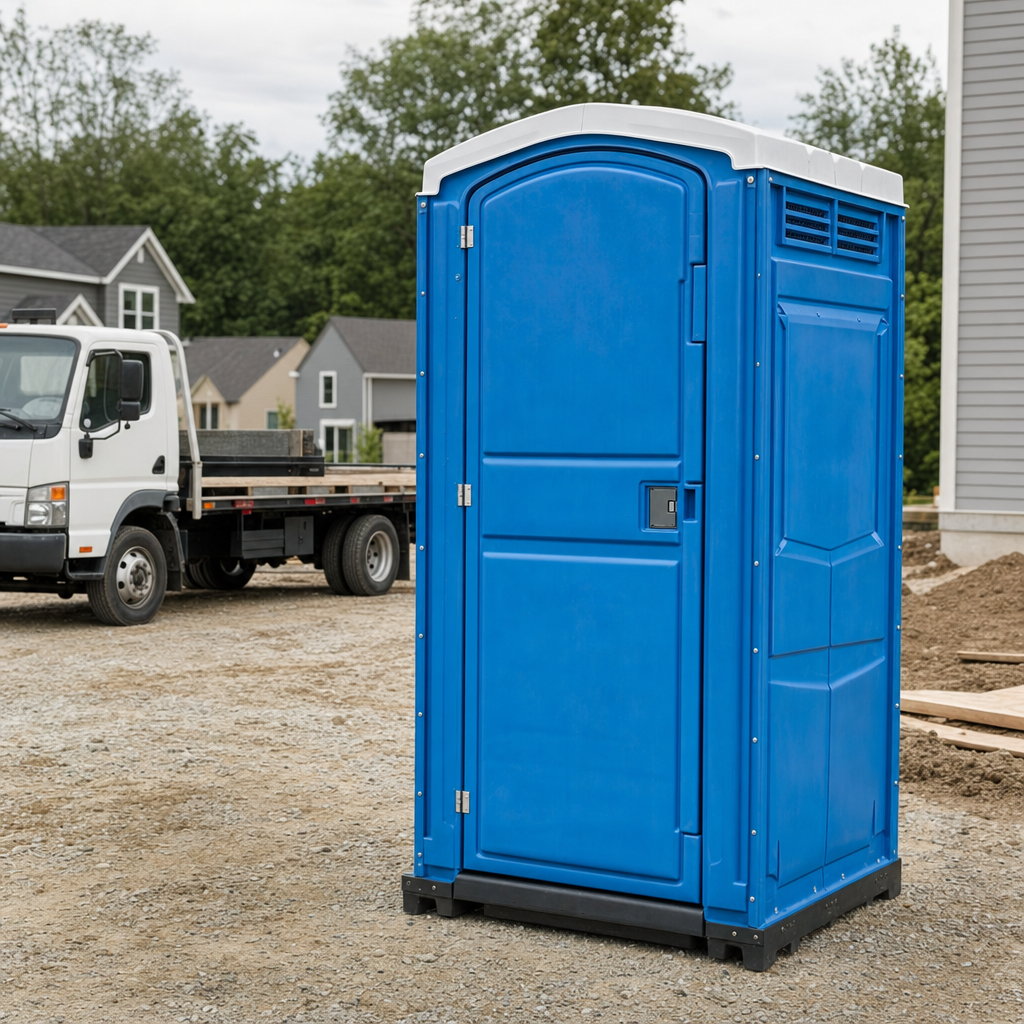 Delivery driver positioning a clean royal-blue portable toilet on level ground at a Mcallen worksite