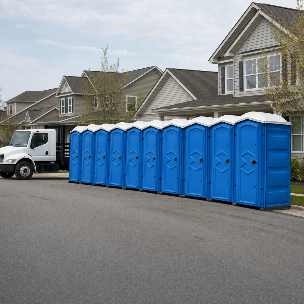 Royal blue portable toilets staged in a tidy row at a Mcallen jobsite, ready for delivery